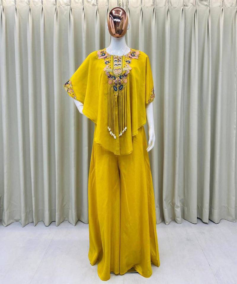 Mustard chinon embroidered kurta-sets