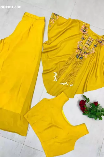 mustard embroidered chinon kurta set