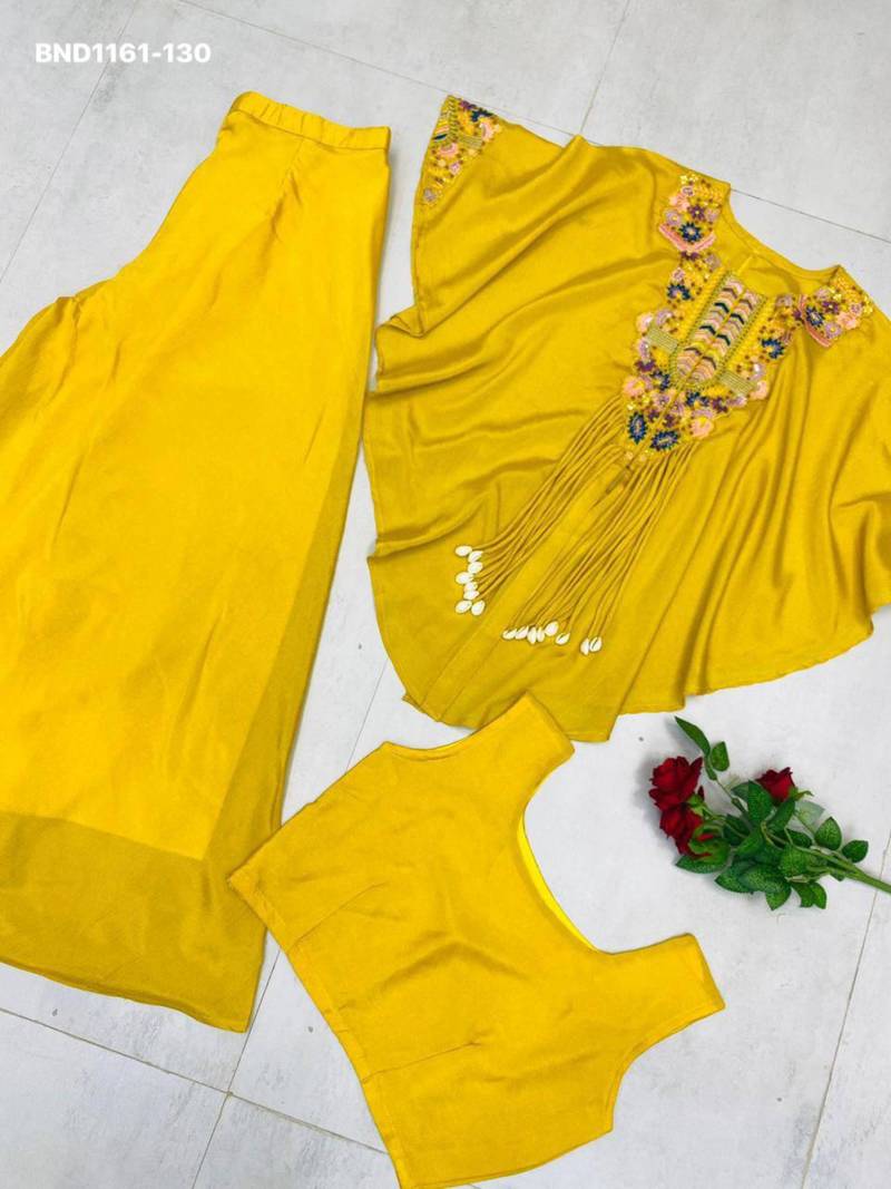 Mustard chinon embroidered kurta-sets