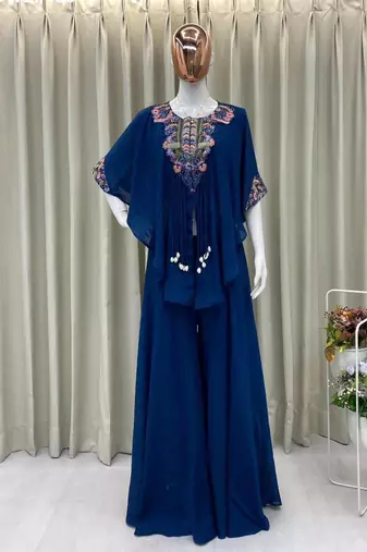 royal blue embroidered chinon kurta set