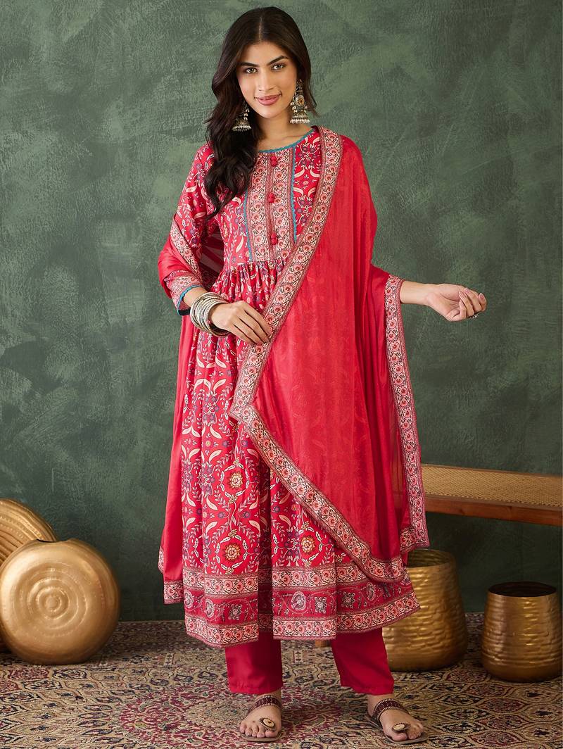 Women's Beautiful Printed Work Rayon Fabric Flared Kurta Pant and Dupatta Set
