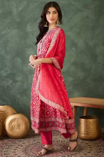 Women's Beautiful Printed Work Rayon Fabric Flared Kurta Pant and Dupatta Set