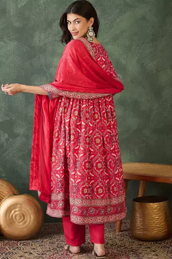 Women's Beautiful Printed Work Rayon Fabric Flared Kurta Pant and Dupatta Set