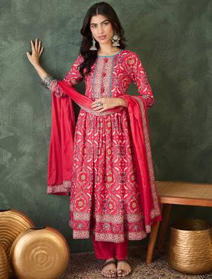 Women's Beautiful Printed Work Rayon Fabric Flared Kurta Pant and Dupatta Set 5