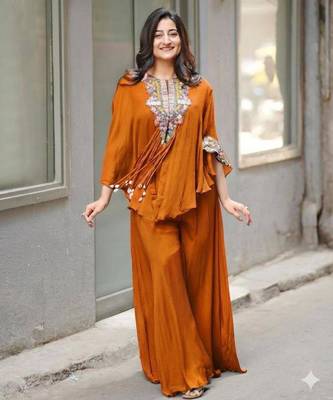 orange embroidered chinon kurta set 1