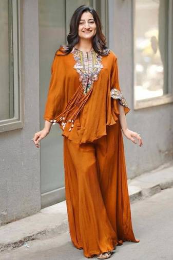 Orange chinon embroidered kurta-sets