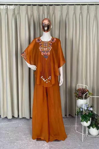 orange embroidered chinon kurta set