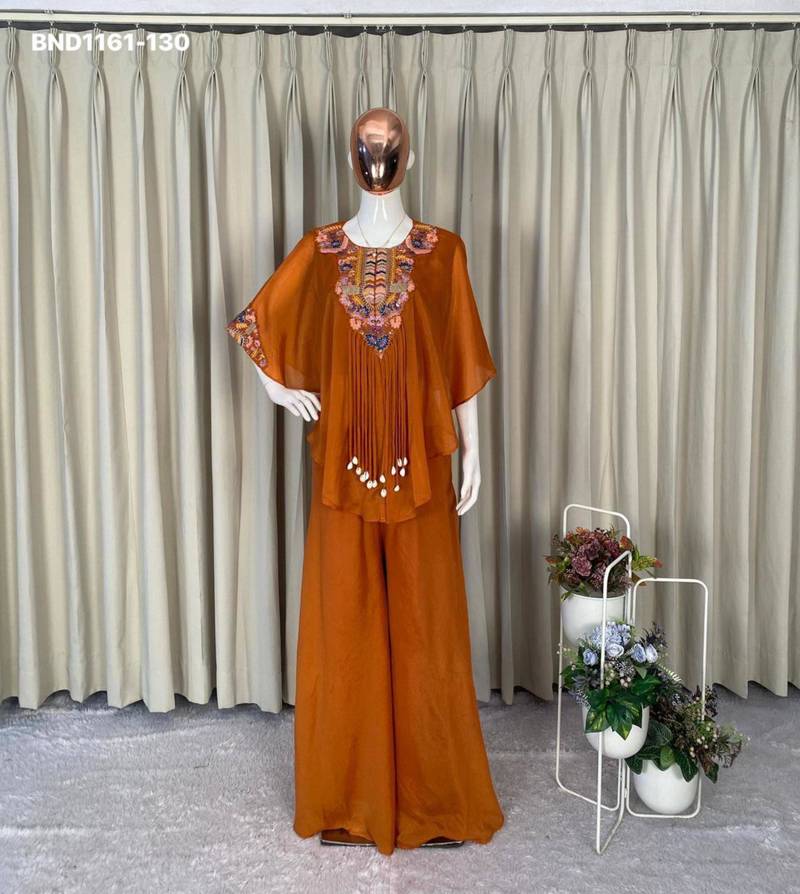 Orange chinon embroidered kurta-sets