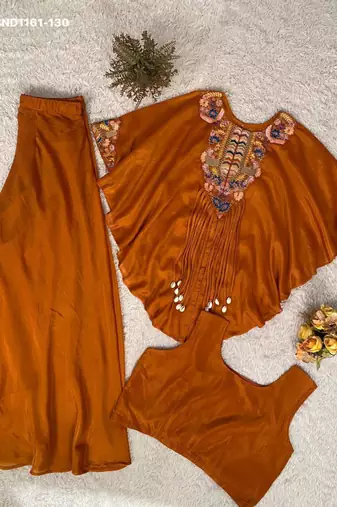 orange embroidered chinon kurta set