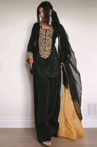 Black satin embroidered kurta-sets