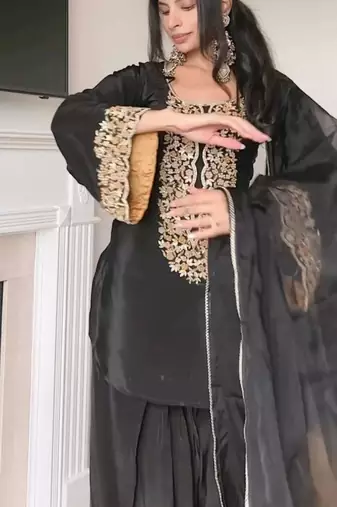 black satin embroidered kurta set