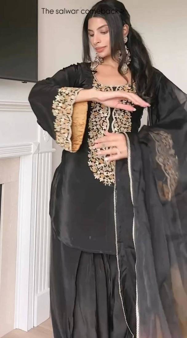 Black satin embroidered kurta-sets