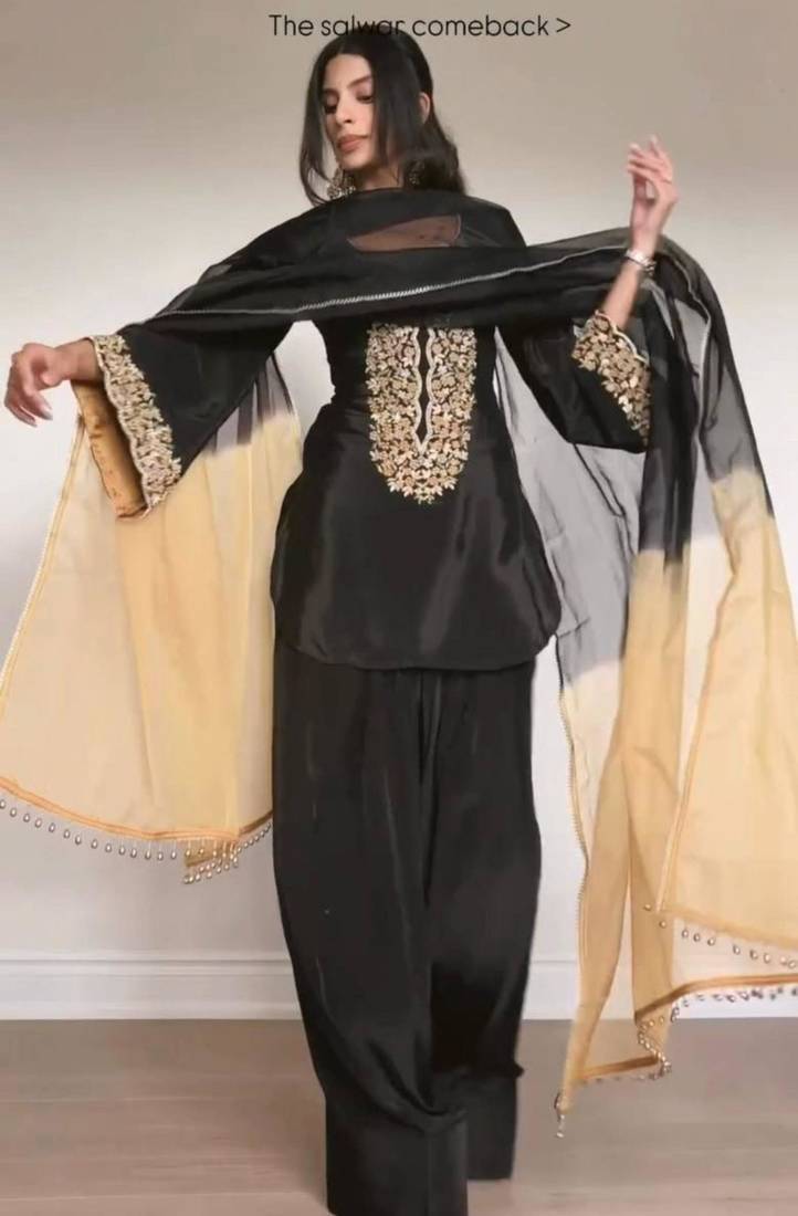 Black satin embroidered kurta-sets