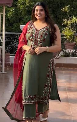 green embroidered vichitra silk kurta set 1