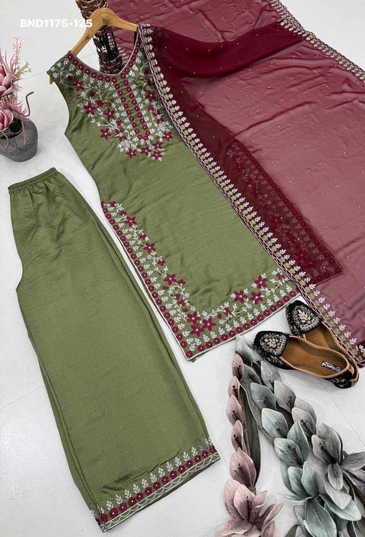 Green vichitra silk embroidered kurta-sets