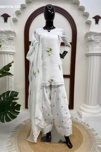 white chanderi embroidered kurta set