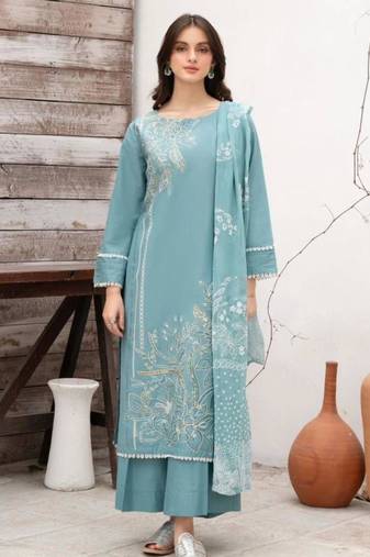 Sky-blue silk blend embroidered kurta-sets