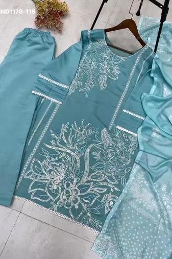 sky blue embroidered silk blend kurta set