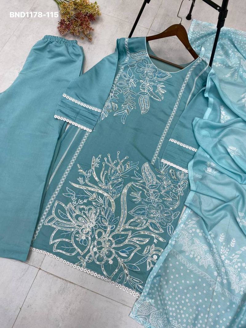 Sky-blue silk blend embroidered kurta-sets