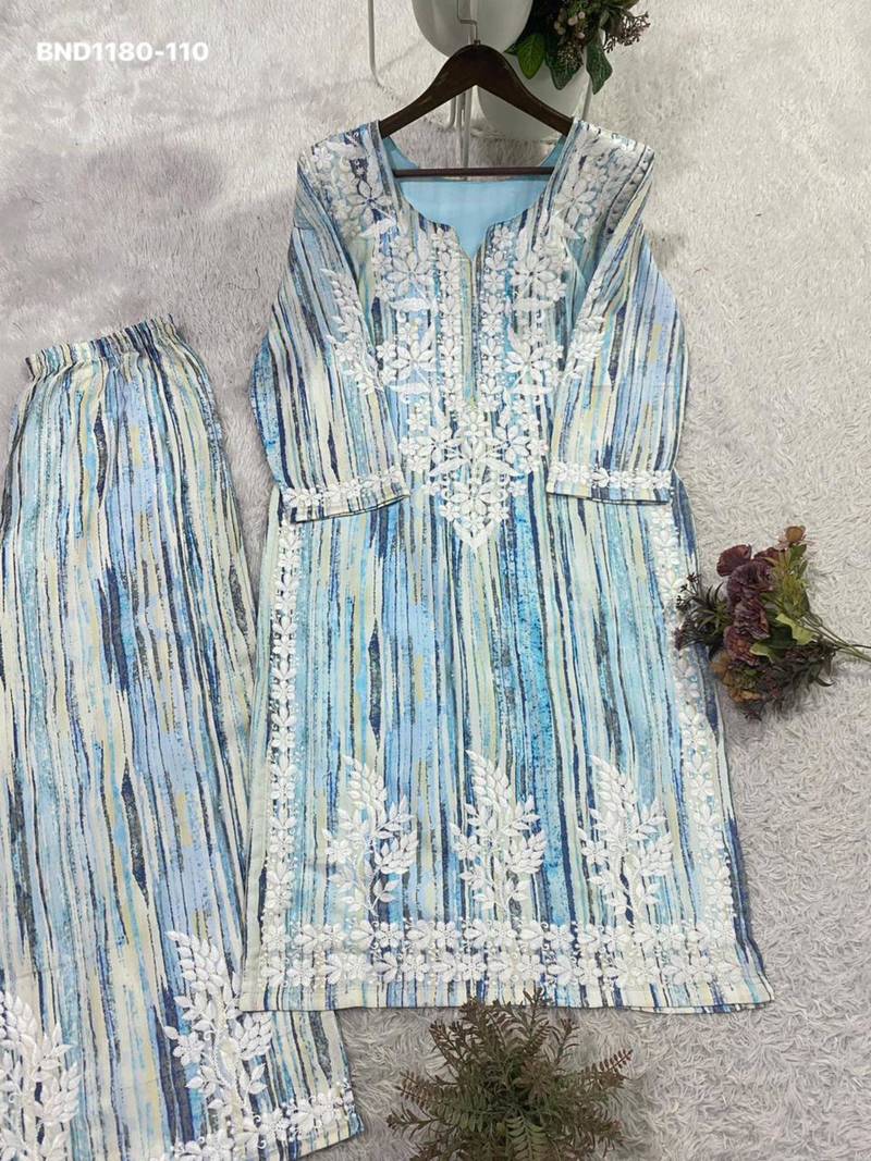 Light-blue rayon embroidered kurta-sets