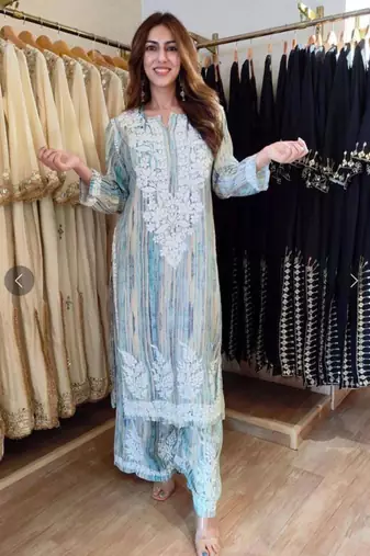 light blue embroidered rayon kurta set