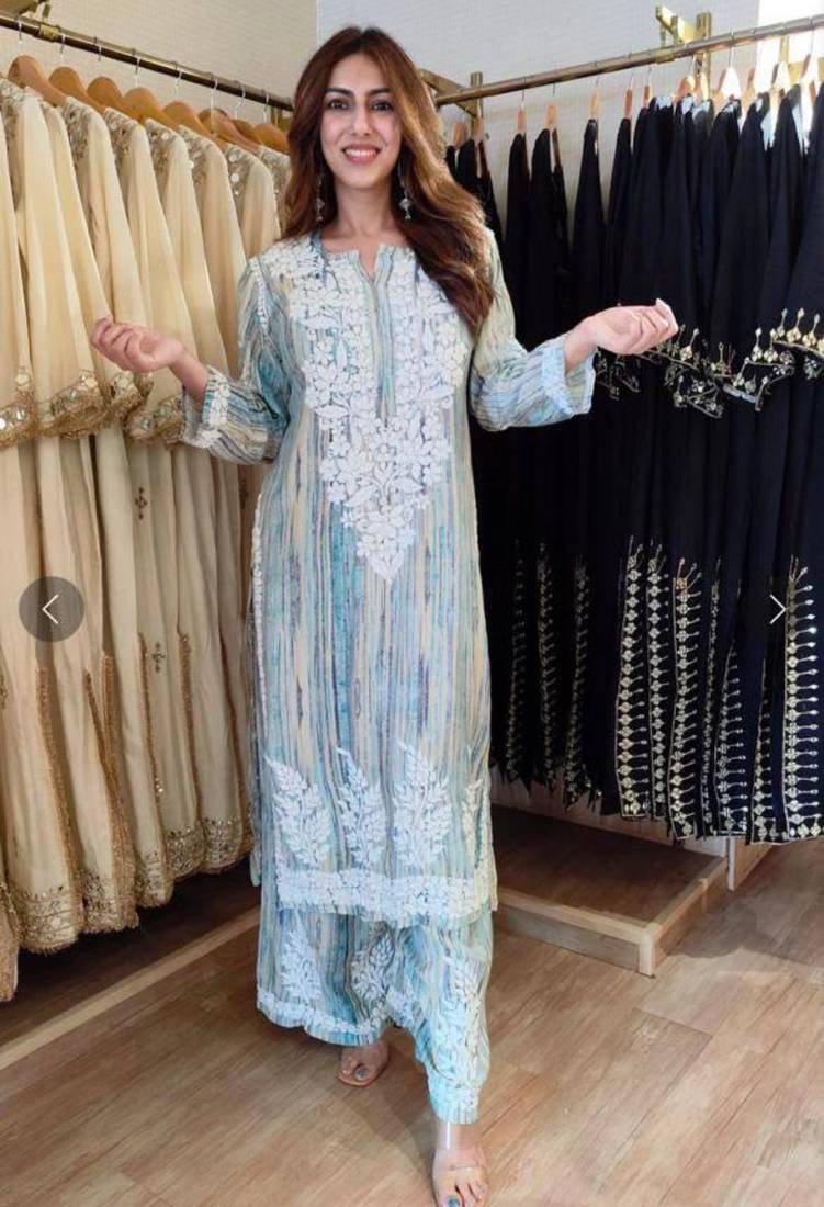 Light-blue rayon embroidered kurta-sets