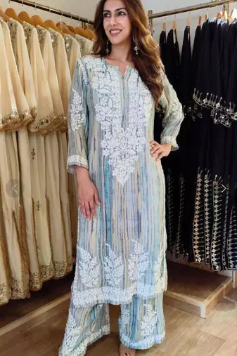 light blue embroidered rayon kurta set