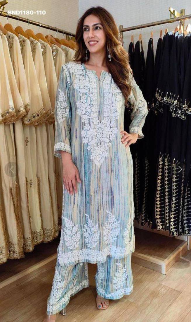 Light-blue rayon embroidered kurta-sets