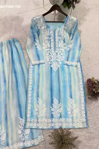 sky blue embroidered rayon kurta set