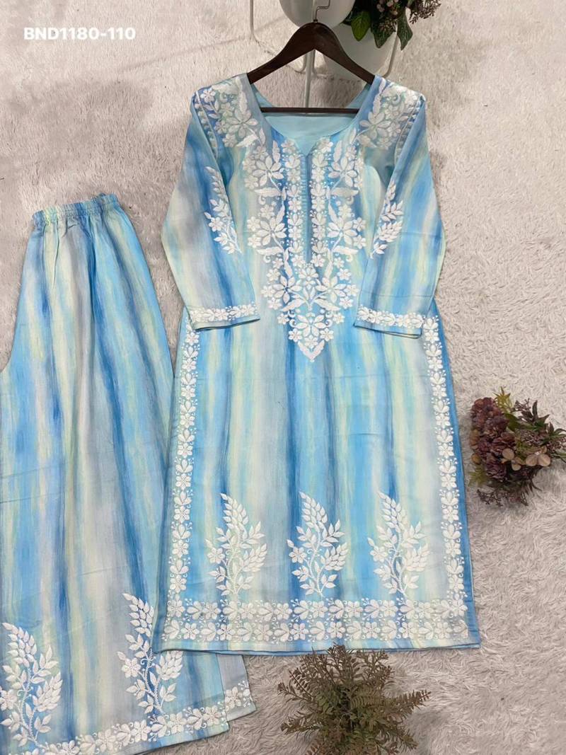 Sky-blue rayon embroidered kurta-sets