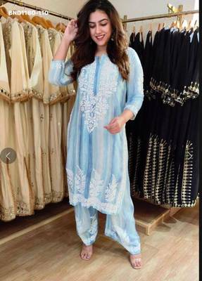 sky blue embroidered rayon kurta set 4