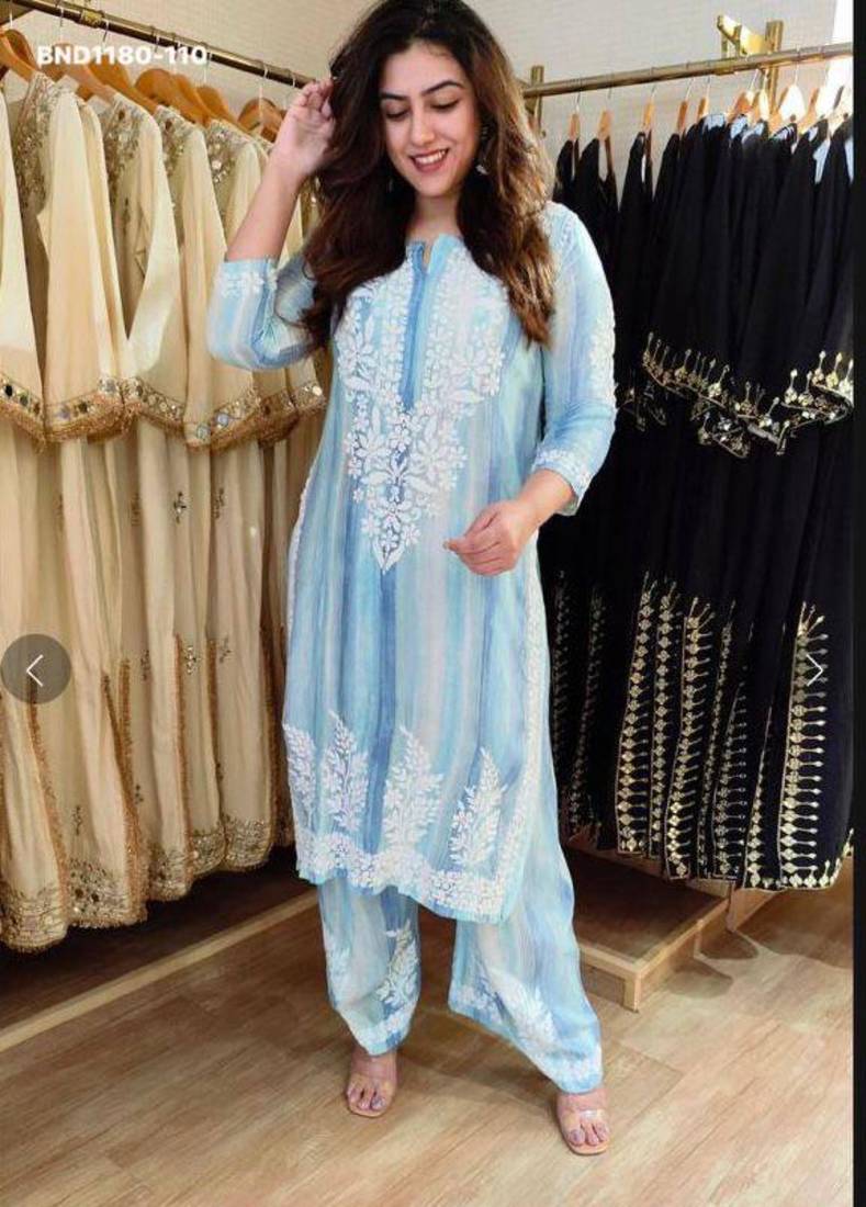 Sky-blue rayon embroidered kurta-sets