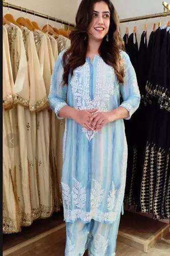 sky blue embroidered rayon kurta set