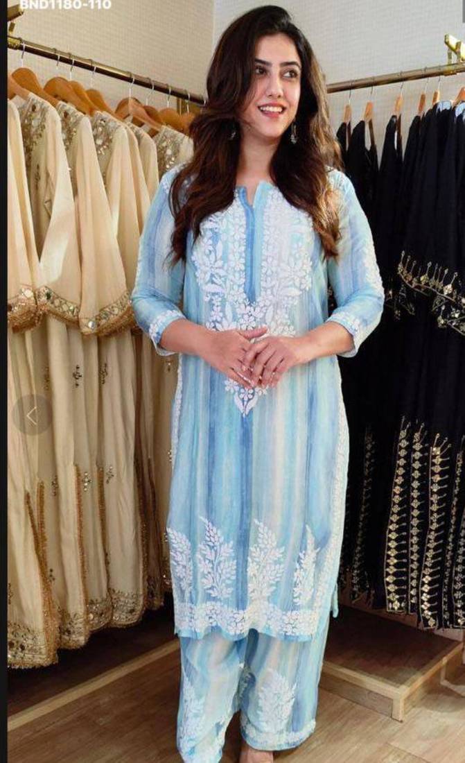 Sky-blue rayon embroidered kurta-sets
