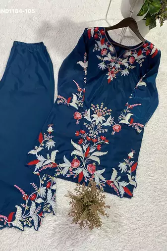 blue embroidered crepe kurta set