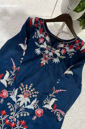 blue embroidered crepe kurta set