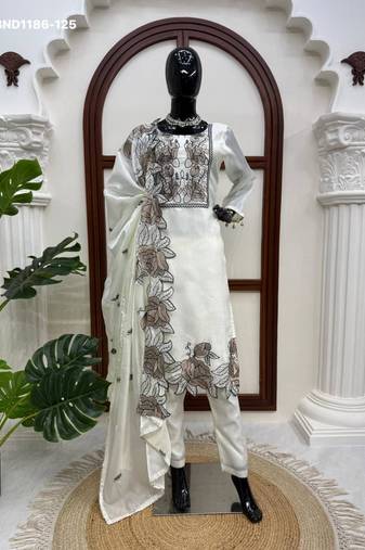 White silk blend embroidered kurta-sets