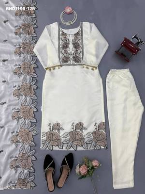 white embroidered silk blend kurta set 3
