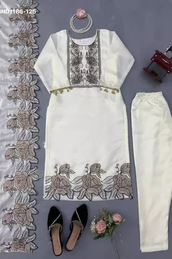 white embroidered silk blend kurta set