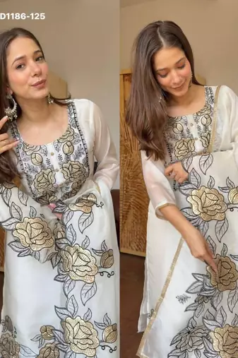 white embroidered silk blend kurta set