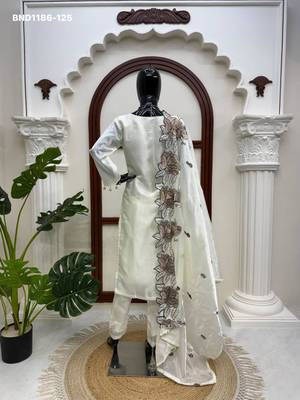 white embroidered silk blend kurta set 5