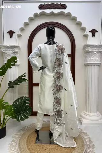 white embroidered silk blend kurta set