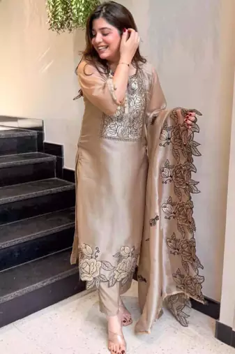 light chiku silk blend embroidered kurta set