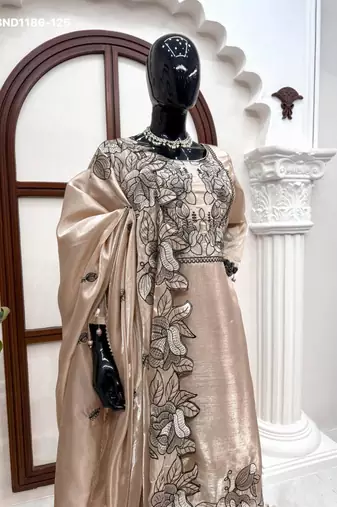 light chiku silk blend embroidered kurta set