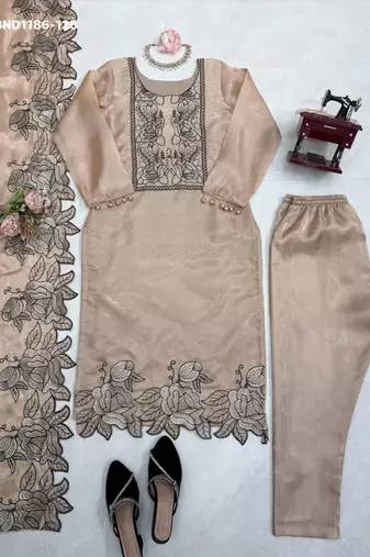 light chiku silk blend embroidered kurta set