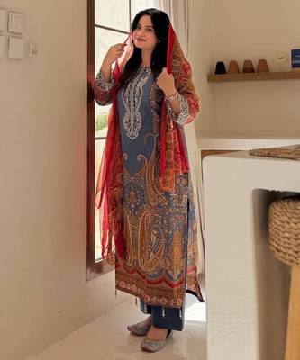 royal blue printed chinon kurta set 1