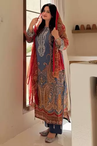 Royal-blue chinon printed kurta-sets