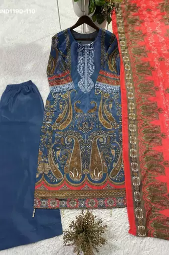 royal blue printed chinon kurta set