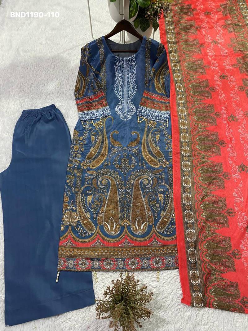 Royal-blue chinon printed kurta-sets