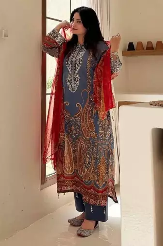 royal blue printed chinon kurta set